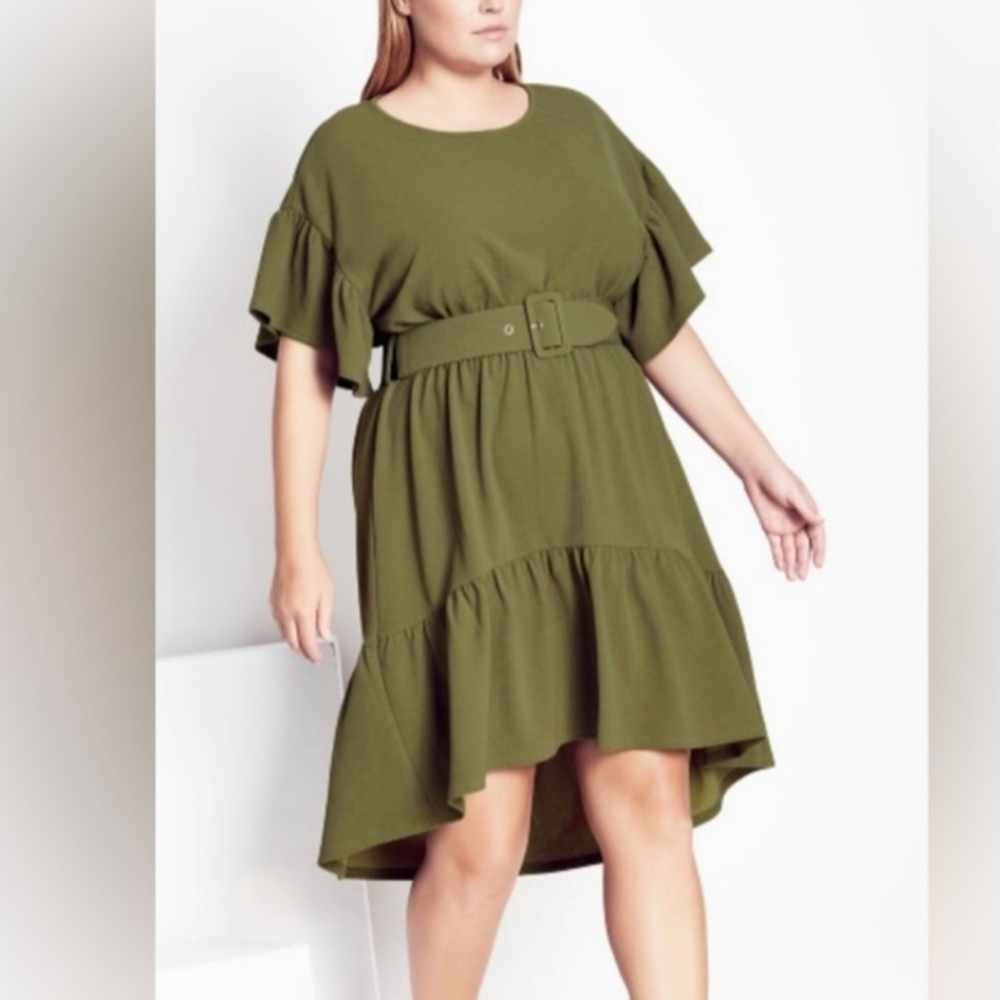 NEW REFINITY Ruffle SLV Round Neck Hi-Lo Olive Tiered Belted Swish Dress SZ XL